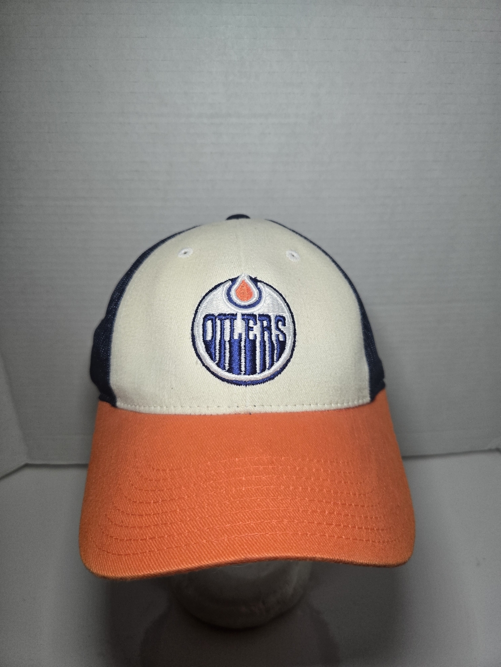 Youth Edmonton Oilers Adjustable Baseball Cap - Cream, Navy & Orange
